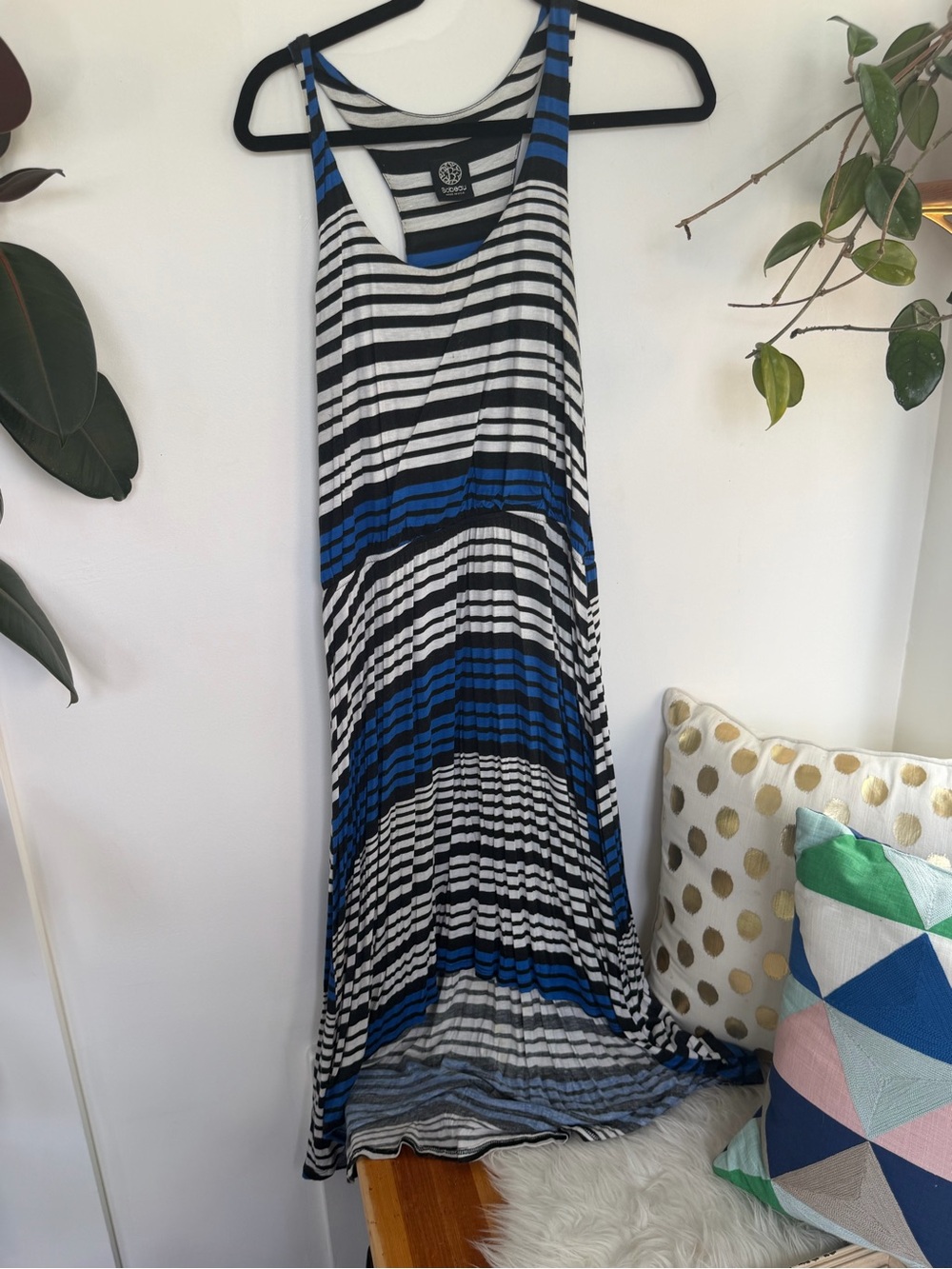 bobeau Blue, Black & White Striped Racerback Maxi Dress